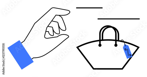 Hand gesture pointing at price tag on designer handbag, representing consumer choice, purchase decision, affordability, style, digital shopping. Ideal for e-commerce, retail, luxury goods spending