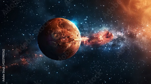 Obraz na płótnie Immersive surreal cosmic landscape with vibrant abstract planets, shimmering nebula clouds, and a dramatic star-filled galaxy w salonie