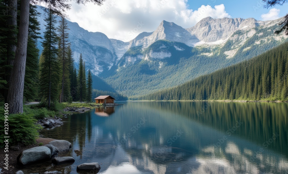 Tranquil mountain lake with cabin retreat Tranquil mountain lake with cabin retreat