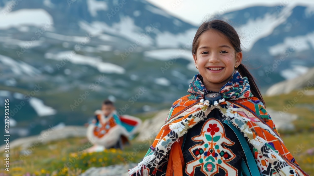 National Skirt Day.Smiling young girl in traditional attire in a scenic mountain landscape. National Skirt Day.Smiling young girl in traditional attire in a scenic mountain landscape.