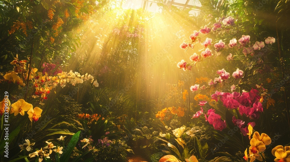 Obraz premium Sunlit Orchid Garden: A Serene Botanical Paradise