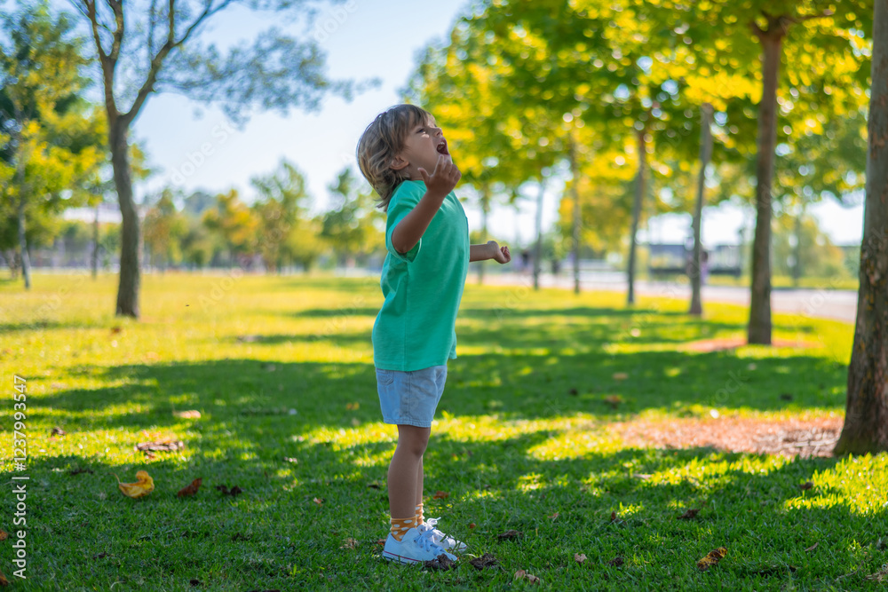 Preschooler raising arms and shouting joyfully while playing in a vibrant green park during summer holidays, embracing freedom and the refreshing outdoor air Preschooler raising arms and shouting joyfully while playing in a vibrant green park during summer holidays, embracing freedom and the refreshing outdoor air