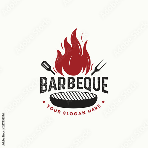 Barbeque grill logo with spatula and fire icon design template