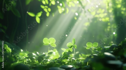 Sunbeams illuminate clover in lush forest. Peaceful nature scene, ideal for environmental themes photo