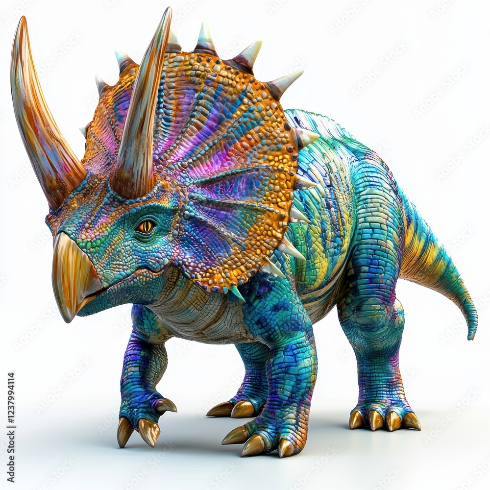 Obraz premium Colorful Triceratops with vibrant horns and scaly skin, isolated on a clean white background