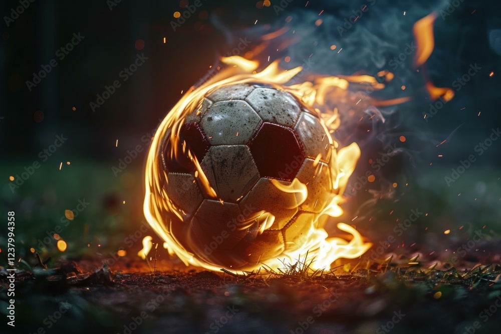 Fototapeta premium Soccer ball engulfed in flames, representing intensity and excitement of the game