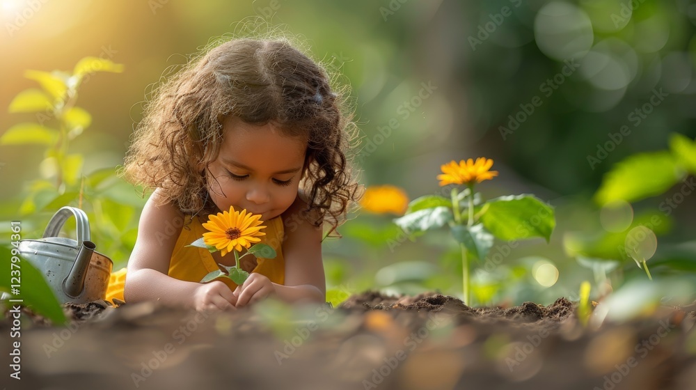 National Plant a Flower Day. A young girl planting a flower in a vibrant garden. National Plant a Flower Day. A young girl planting a flower in a vibrant garden.