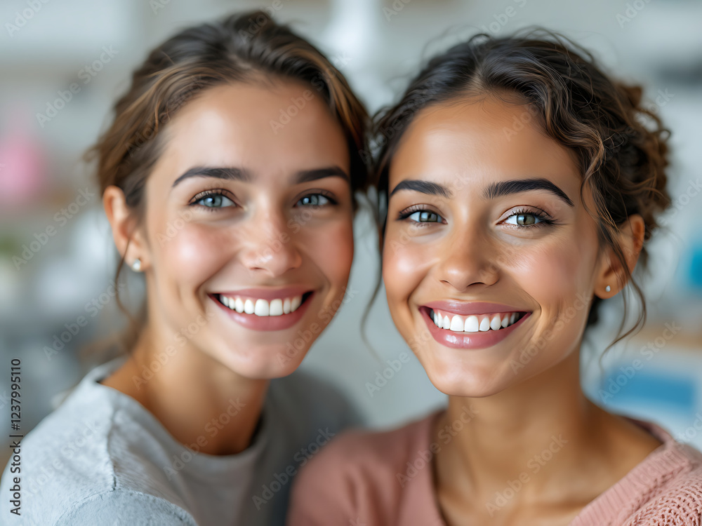 Two cheerful young women smiling together in a modern dental clinic environment, dentist's day, teeth, teeth, beautiful teeth, healthy teeth, beautiful smile Two cheerful young women smiling together in a modern dental clinic environment, dentist's day, teeth, teeth, beautiful teeth, healthy teeth, beautiful smile