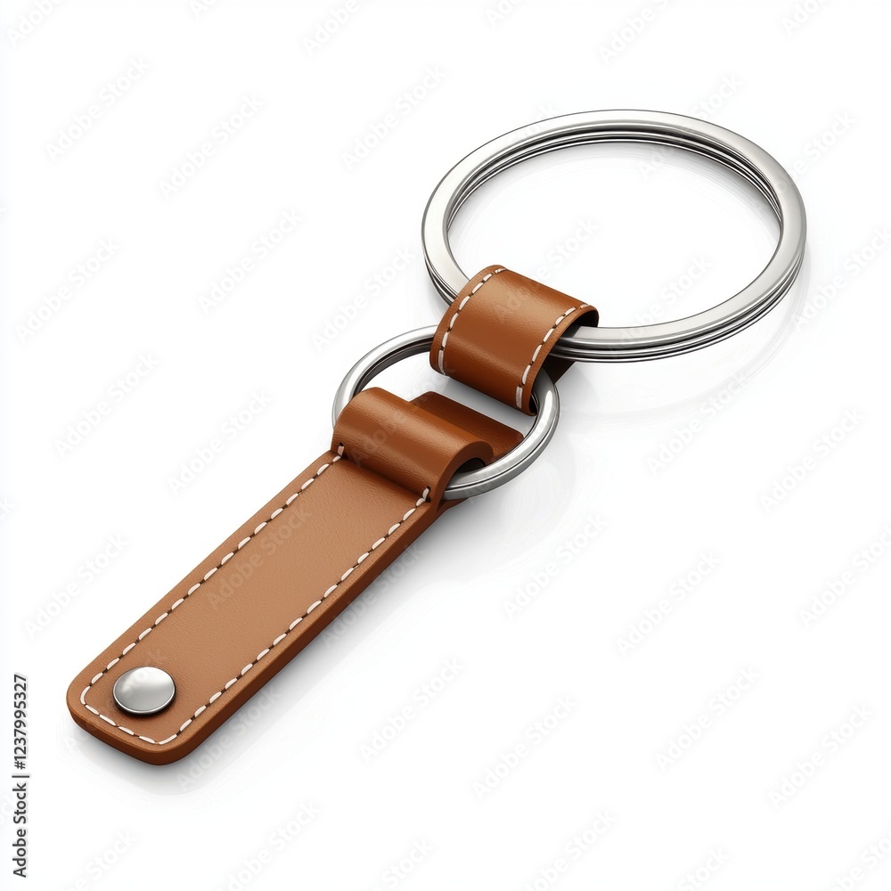 Compact keychain with a leather fob and metal hook, placed on a bright white background Compact keychain with a leather fob and metal hook, placed on a bright white background