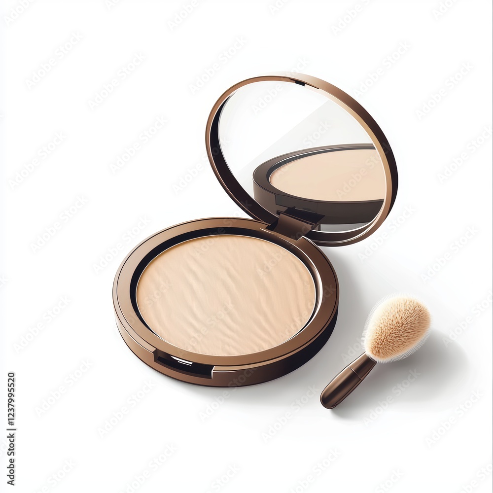 compact powder case with a mirror and a puff, placed on a clean white background compact powder case with a mirror and a puff, placed on a clean white background
