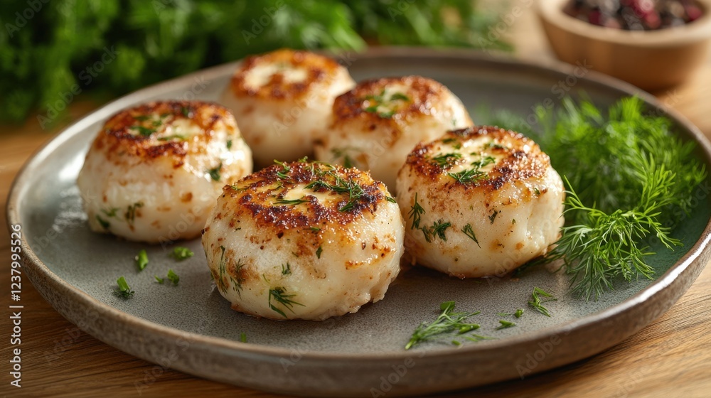 Delicious Pan-Seared Potato Cakes Garnished with Fresh Herbs on a Wooden Table Surrounded by Greenery and Condiments Delicious Pan-Seared Potato Cakes Garnished with Fresh Herbs on a Wooden Table Surrounded by Greenery and Condiments