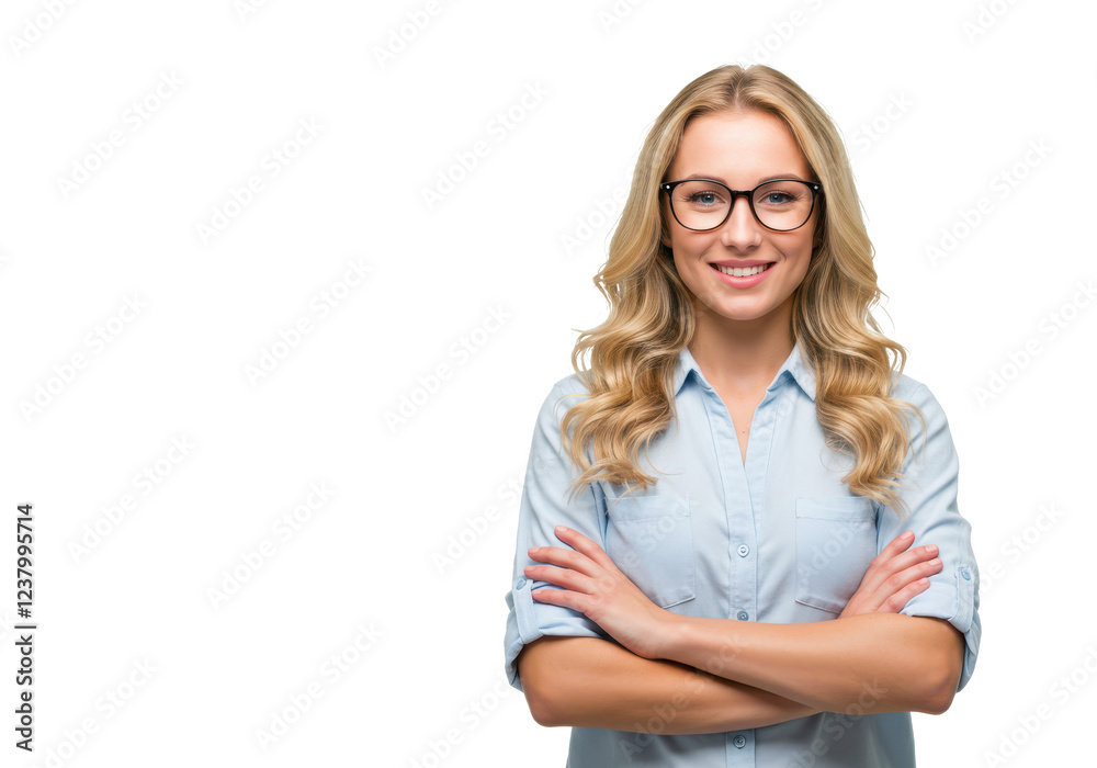 A blonde woman with wavy hair wearing glasses and a light blue shirt, standing with arms crossed and smiling A blonde woman with wavy hair wearing glasses and a light blue shirt, standing with arms crossed and smiling