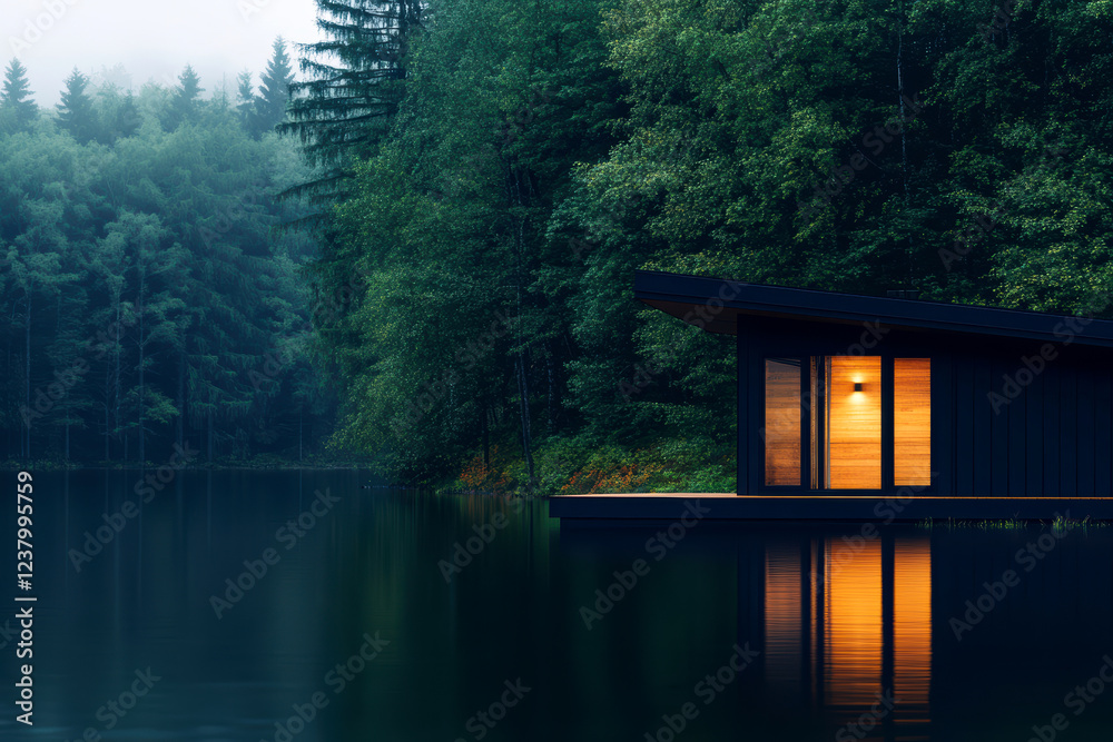 Tranquil modern cabin beside misty forest lake with glowing window reflecting serene atmosphere