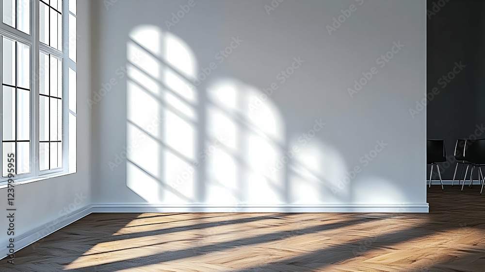 Obraz premium Showcase Your Designs: Wall Mockup with Sunlight & Wooden Floor, Perfect for Interior Design Projects
