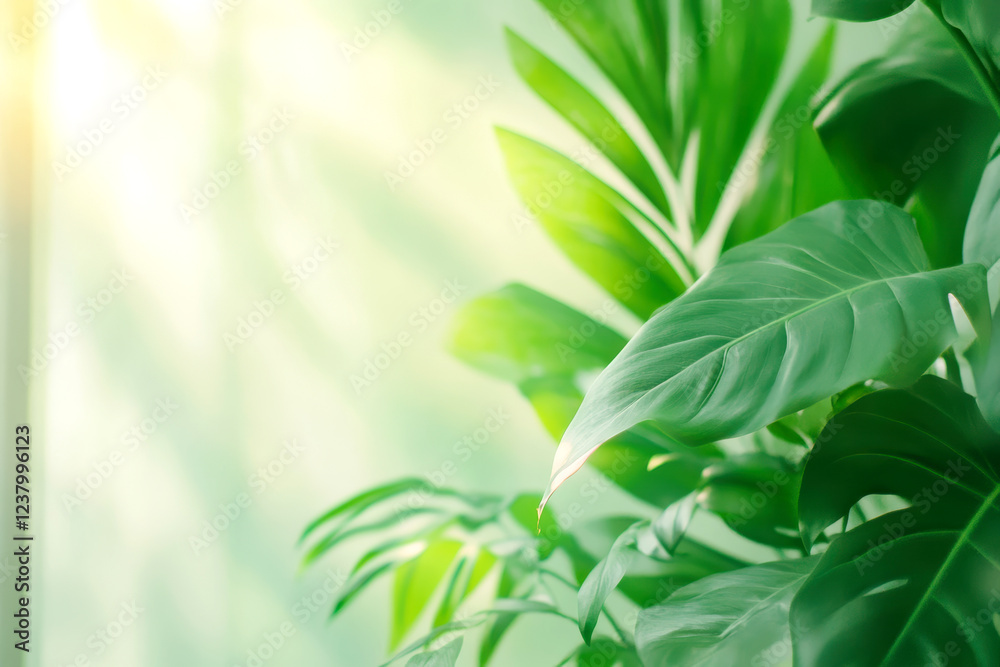 Fototapeta premium Lush green tropical leaves in soft sunlight creating a serene and natural atmosphere with calming shadows