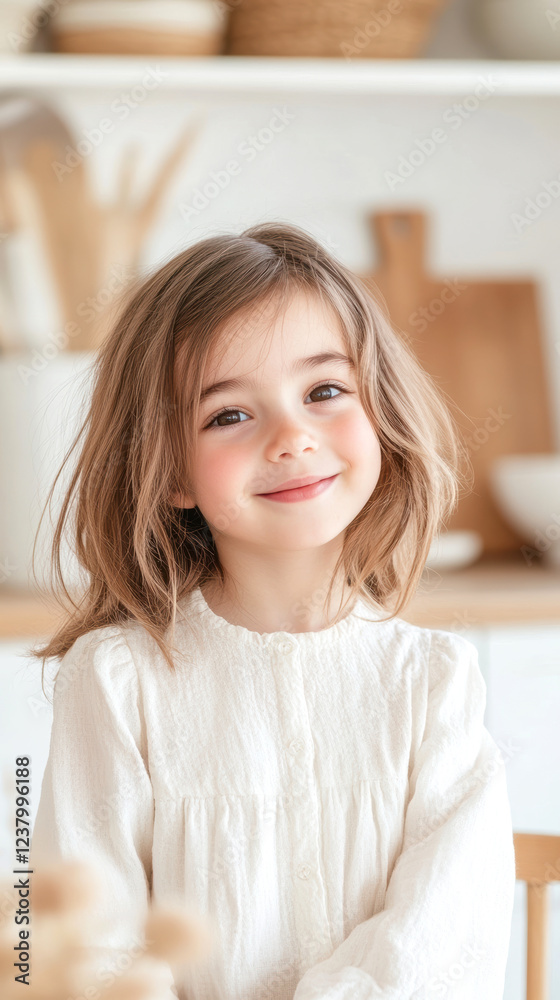 Caucasian child with joyful smile in cozy kitchen environment bright playful atmosphere Caucasian child with joyful smile in cozy kitchen environment bright playful atmosphere