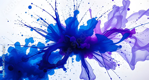 Abstract ink splash explosion background. Deep blue and violet ink bursts suspended in liquid.