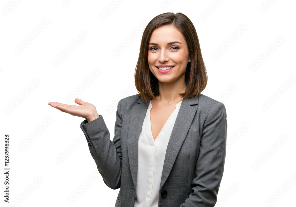 A smiling woman with shoulder-length brown hair, wearing a gray blazer over a white blouse, holding one hand open in a presenting gesture A smiling woman with shoulder-length brown hair, wearing a gray blazer over a white blouse, holding one hand open in a presenting gesture