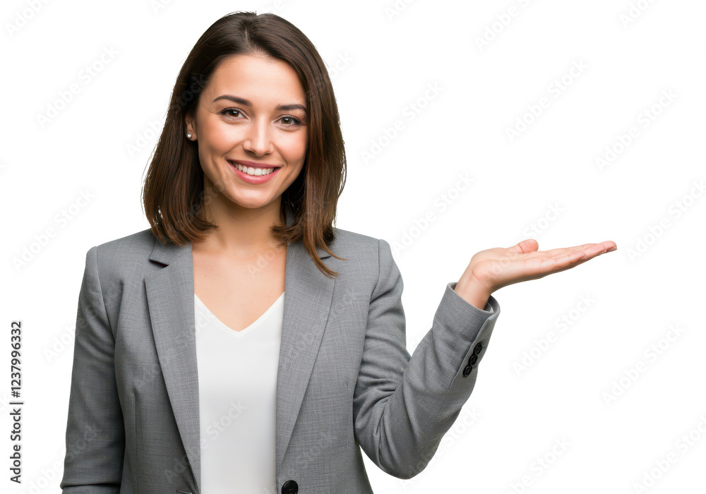 A smiling woman with shoulder-length brown hair, wearing a gray blazer over a white blouse, holding one hand open in a presenting gesture A smiling woman with shoulder-length brown hair, wearing a gray blazer over a white blouse, holding one hand open in a presenting gesture