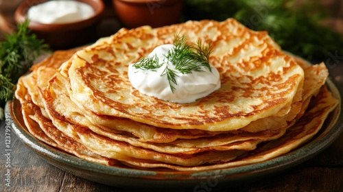 Delicious Stack of Golden Pancakes Topped with Creamy Sour Cream and Fresh Herbs, Perfectly Plated on a Rustic Wooden Table with Accompaniments photo