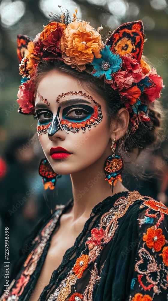 A stunning portrait of a woman with intricate Catrina makeup, adorned with a vibrant floral headdress and embroidered jacket. A stunning portrait of a woman with intricate Catrina makeup, adorned with a vibrant floral headdress and embroidered jacket.