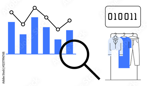 Bar graph with rising and falling values, binary code, and clothing rack under magnifying glass. Ideal for data analysis, business strategy, fashion industry, retail market, technology trends