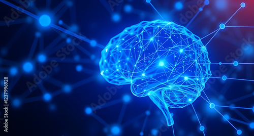 Abstract neural network visualization background. Glowing blue digital brain nodes