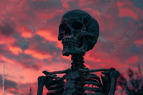 Skeleton looking at a dramatic sunset sky, perfect for halloween projects photo