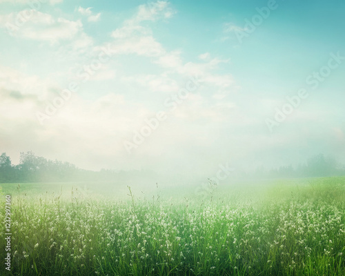 Serene Green Meadow in Soft Morning Light with Blue Sky and Misty Horizon - Perfect for Tranquil Nature Backgrounds