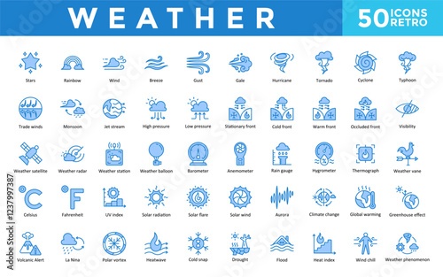 Weather icons set with stars, rainbow, wind, breeze, gust, gale, hurricane, tornado, cyclone, typhoon icon. Simple retro vector 
