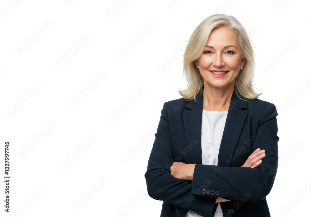 A professional older woman with blonde hair, wearing a dark blue blazer over a white shirt A professional older woman with blonde hair, wearing a dark blue blazer over a white shirt