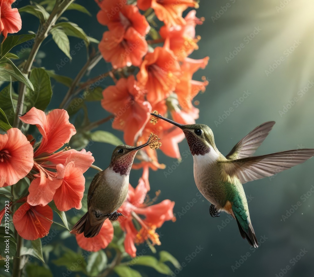 Naklejka premium Hummingbird sipping nectar from a trumpet-shaped flower in full bloom, trumpet vine, ornithology