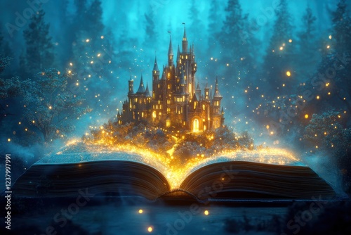 Magical castle emerges from open book enchanted forest fantasy art dreamy night whimsical viewpoint imagination unleashed photo