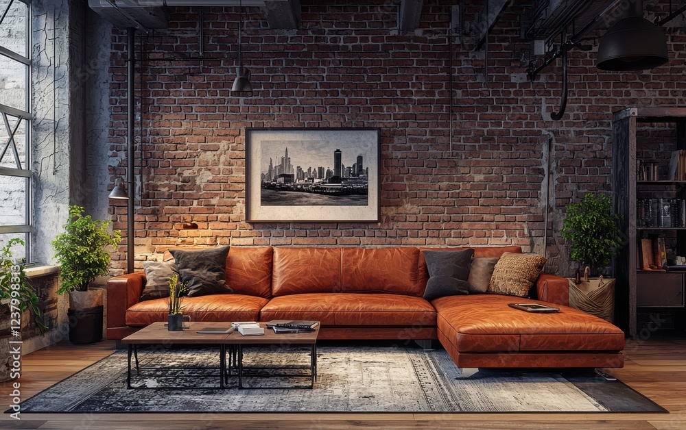 Fototapeta premium Cozy loft-style interior featuring a leather sectional sofa, exposed brick walls, and industrial decor elements