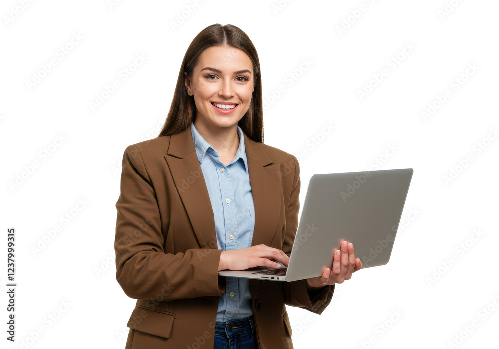 A smiling woman with long straight brown hair, wearing a brown blazer over a light blue shirt, holding a laptop and standing by a large window A smiling woman with long straight brown hair, wearing a brown blazer over a light blue shirt, holding a laptop and standing by a large window