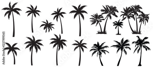 Black palm tree set vector illustration on white background silhouette art black white stock illustration