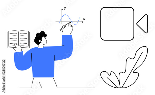 Man holding an open book, drawing a graph on a transparent screen. Next to him, a video camera icon and a leaf. Ideal for education, technology, data visualization, remote learning, content creation