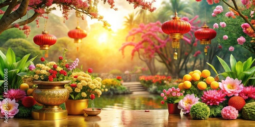 A golden backdrop frames a serene Chinese New Year garden, vibrant with auspicious flowers.