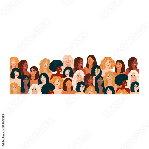 A diverse group of women's faces, varying skin tones and hair styles, create a powerful image of unity and inclusivity.  Warm earth tones against a black background.
