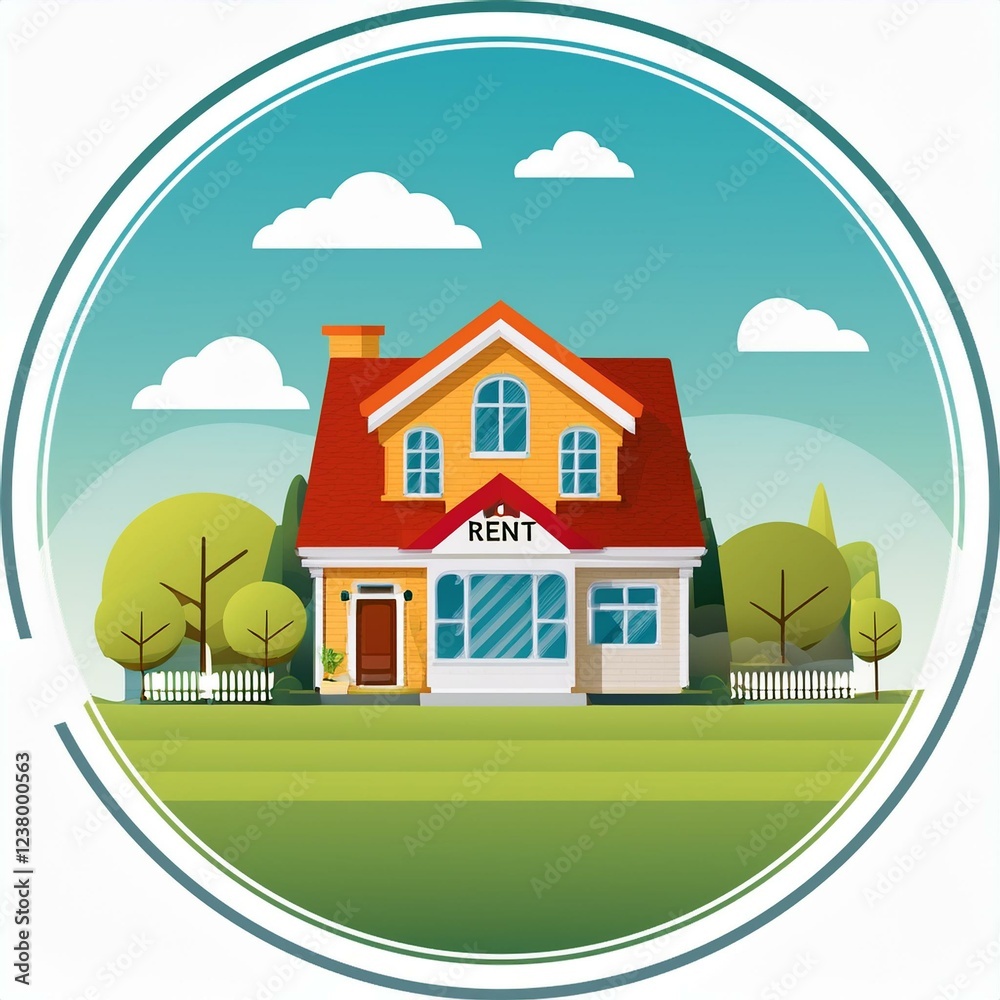 Naklejka premium Powerpoint, vector, clip arts about sell a home, happy seller and buyer shaking hand front of a apartment of a long building, transparent, isolated white background
