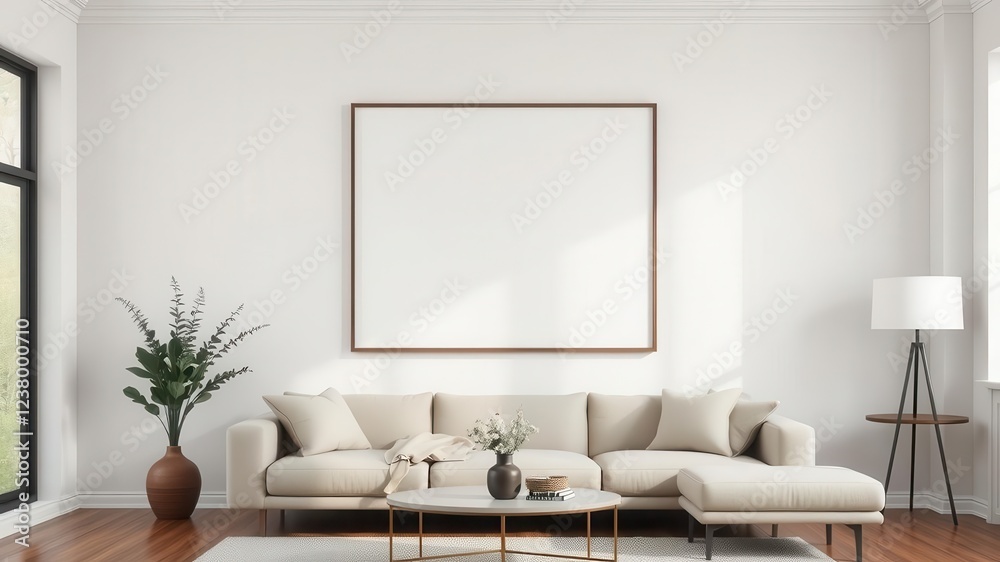 A mockup of minimalist wall art displayed in a modern living room setting, frame, trendy, modern A mockup of minimalist wall art displayed in a modern living room setting, frame, trendy, modern