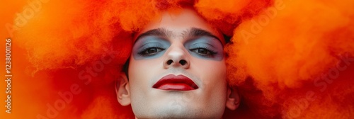 Vibrant Festival Portrait Bold Face Paint and Textured Orange Cloud Wig - Creative Marketing Imagery and Dynamic Fashion Campaigns photo