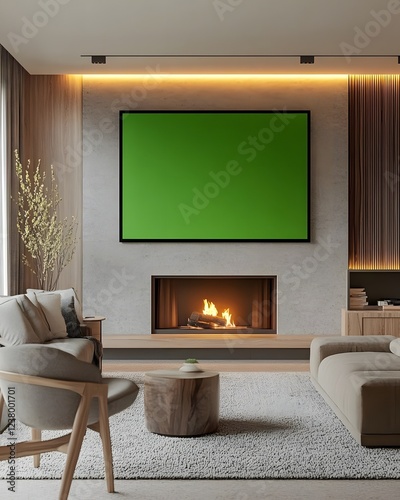 A modern living room featuring a fireplace and a large blank screen for entertainment.