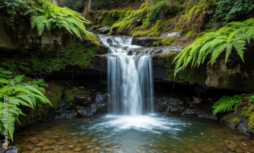 Serene waterfall surrounded by lush greenery