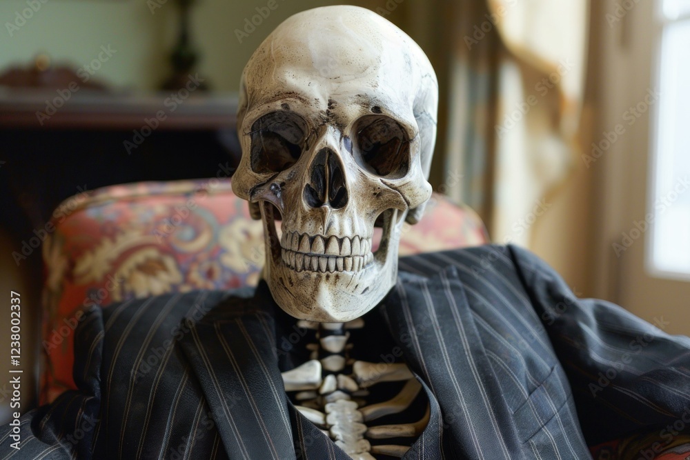 Skeleton wearing pinstripe suit is relaxing in an armchair Skeleton wearing pinstripe suit is relaxing in an armchair