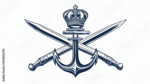 Anchor and crossed sabers icon. Military heraldic vector symbol with Victorian royal navy officer claymore swords, pirate sabers and antique anchor. Historical sailing club retro icon photo