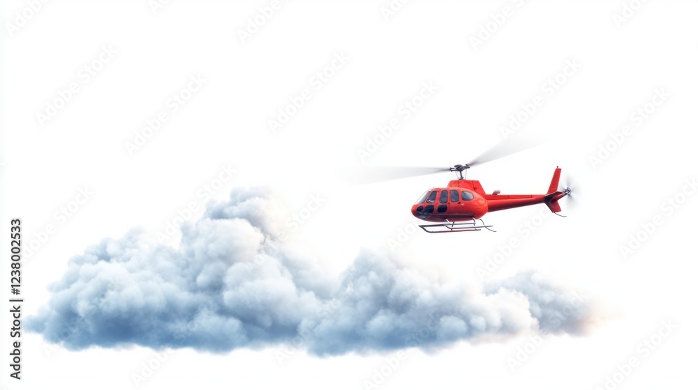 A happy little helicopter flying over tiny fluffy clouds, isolated on white A happy little helicopter flying over tiny fluffy clouds, isolated on white