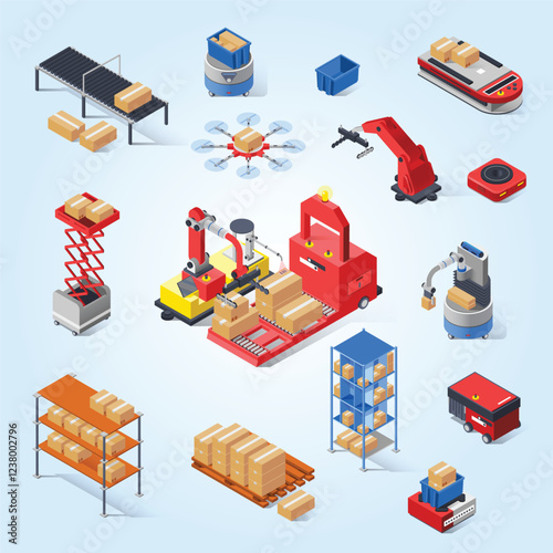 warehouse robots icon set inventory iot digital