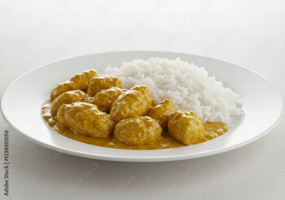 Succulent Curry Chicken and Steamed White Rice on a Plate, Photographed from the Side on a Tablecloth Background Succulent Curry Chicken and Steamed White Rice on a Plate, Photographed from the Side on a Tablecloth Background