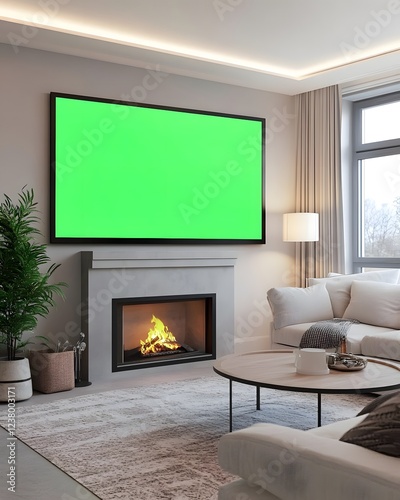 Modern living room featuring a fireplace and a blank green screen for display purposes.